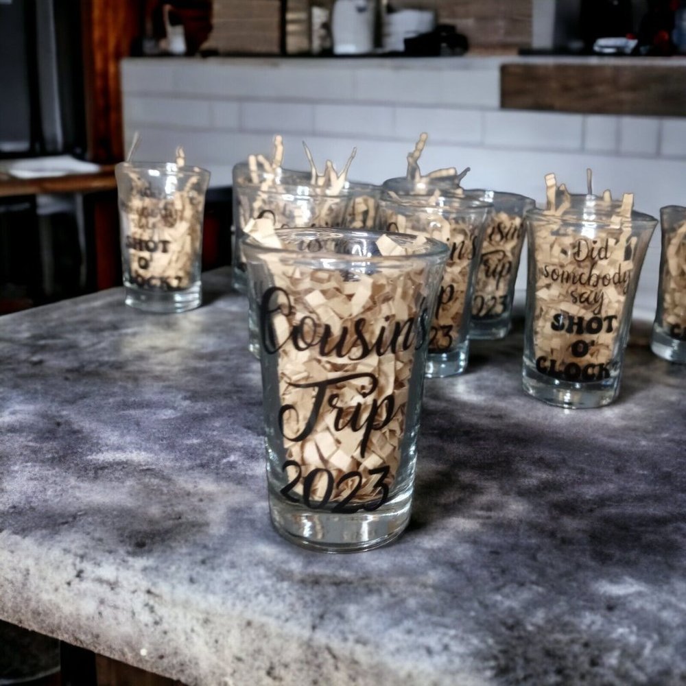 Set of 12 Clear Shot glasses handmade custom Black design Cousin Trip 2024